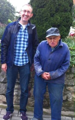Mike Horner and his great Onkel Gottfried in eastern Germany. As Mike says, "Gottfried is almost 89 but still rides his bike on the cobblestone streets of his village, Gottesgnaden, to get to his garden and tend to his rabbits. My Oma, Gottfried's older sister, was a bit taller than he is, but not by much." 